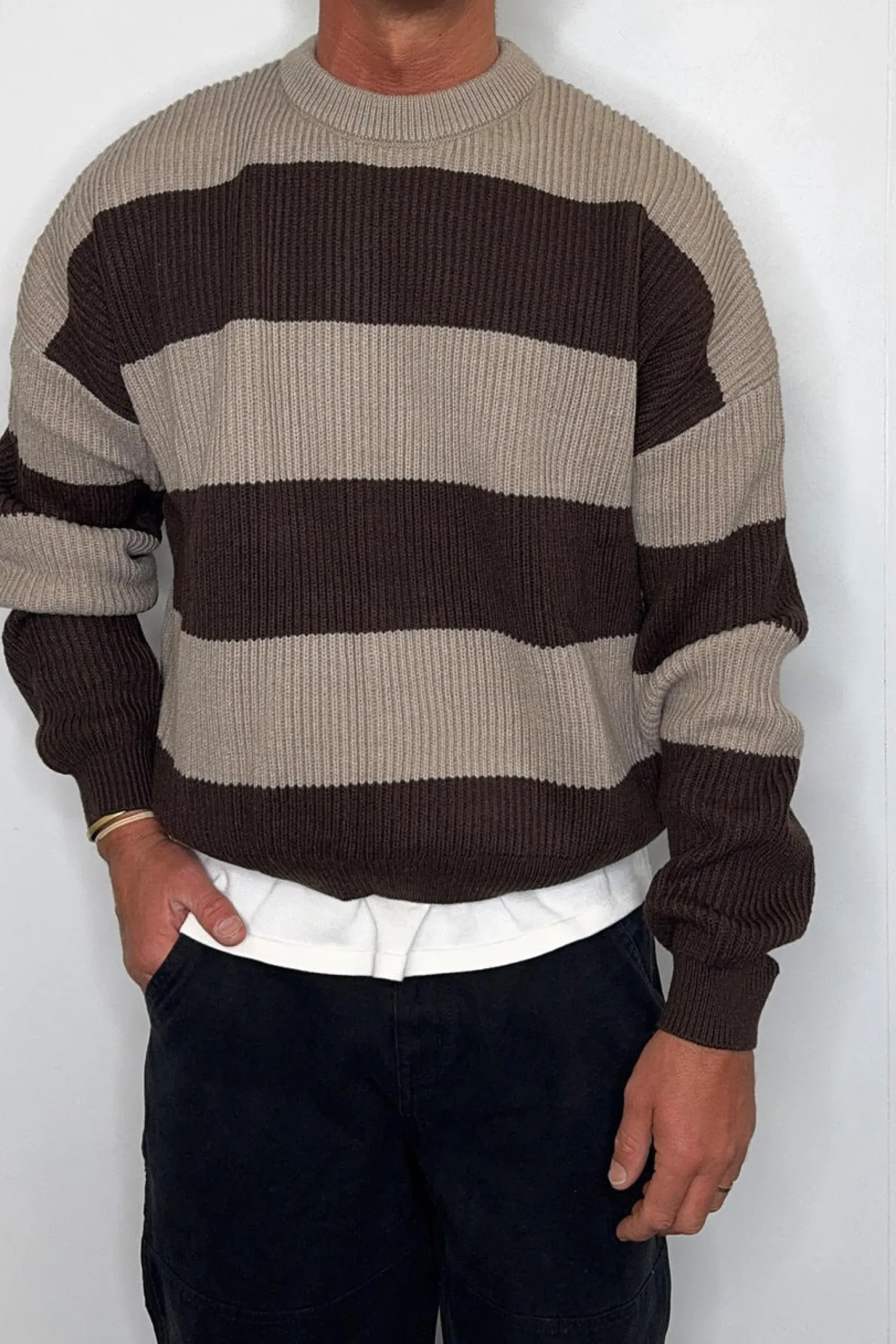 Drop Sleeve Heavy Knit Choc Stripe