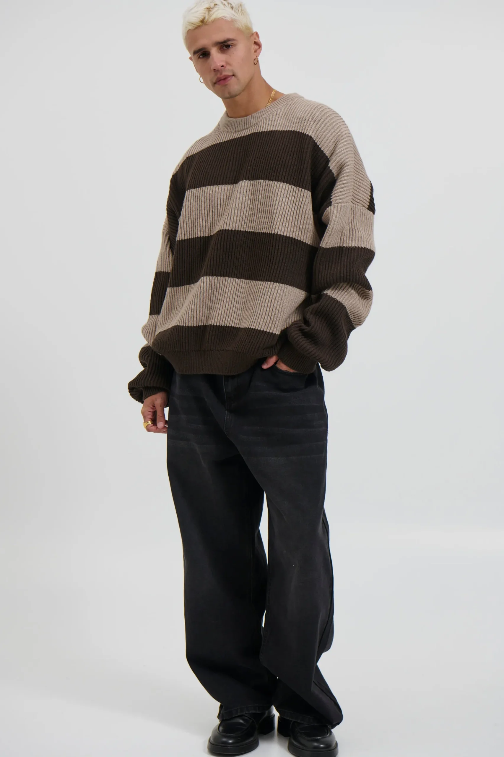 Drop Sleeve Heavy Knit Choc Stripe