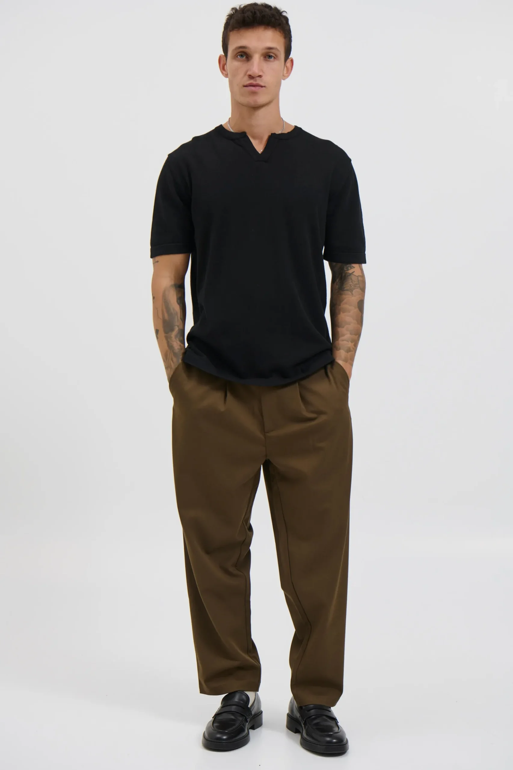 Knitted Split Neck Tee Black