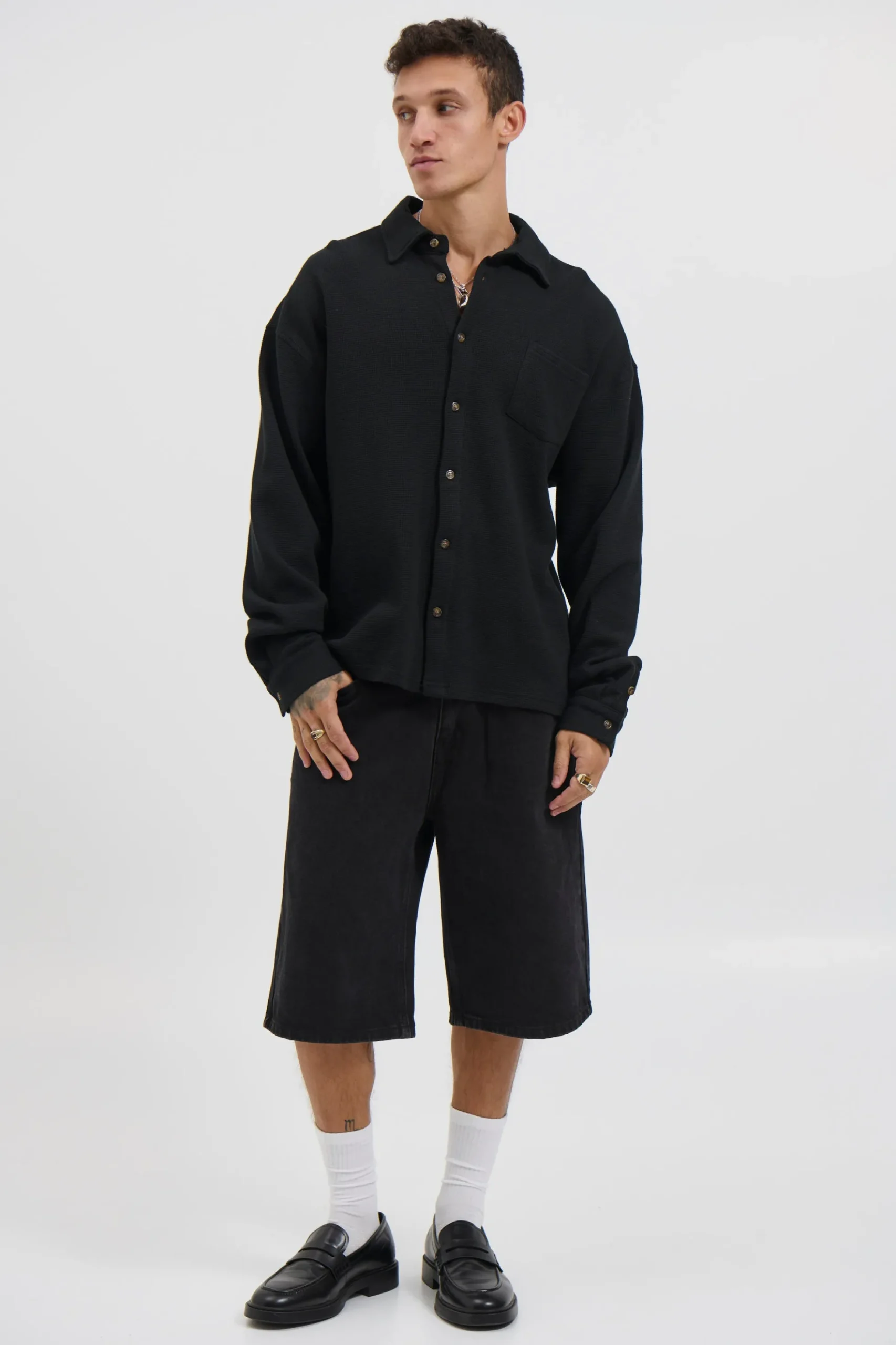 Long Sleeve Waffle Shirt Black