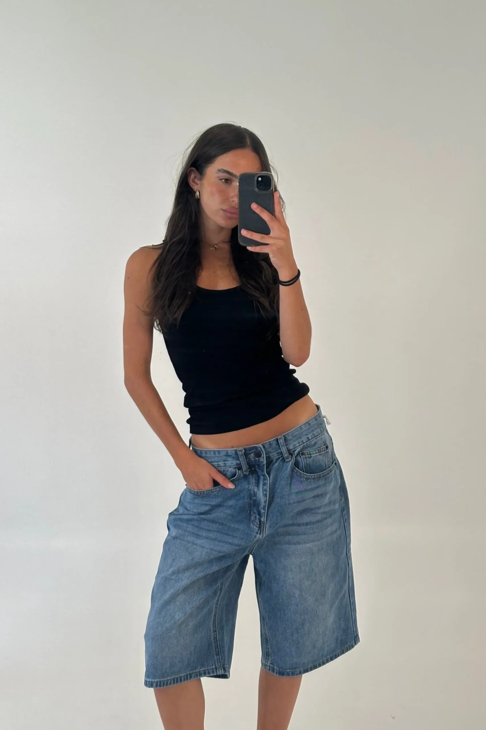 Unisex Flint Baggy Denim Jort Mid Blue