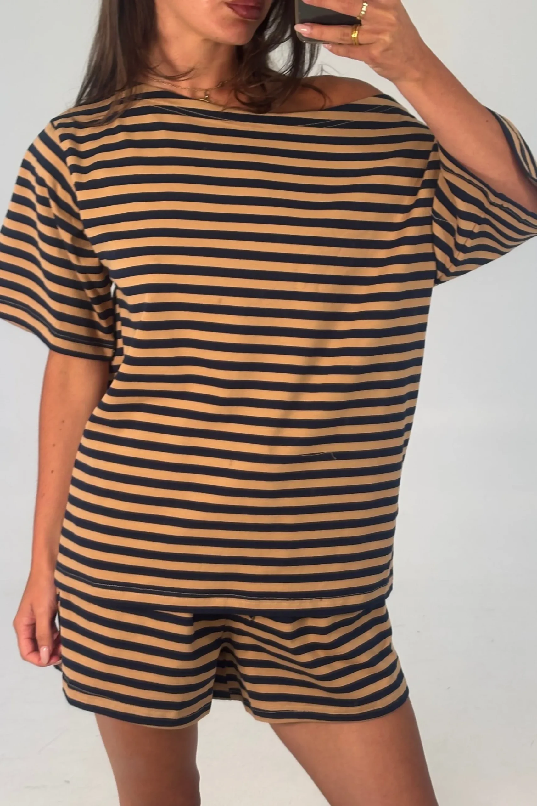 Zena Off The Shoulder Tee Sand Stripe